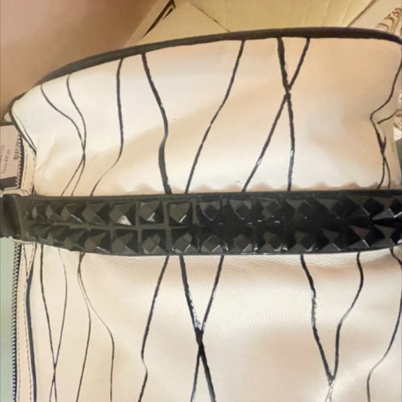 L.A.M.B. White Leather With Black Stripes & Black Studded Top Handle Satchel - Picture 8 of 12